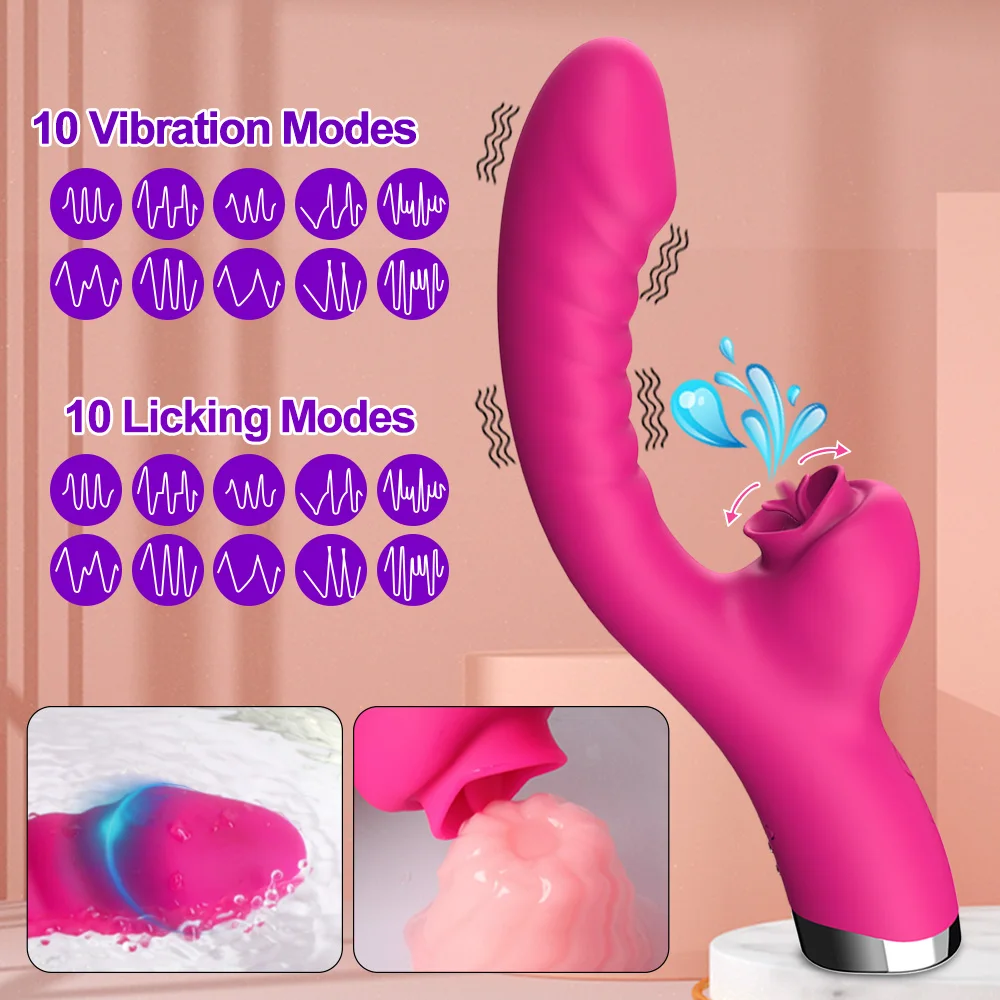 2in1 Women Vibrator Tongue Licking Clitoris Stimulator Vaginal G-Spot Powerful Vibration Dildo Suction Cup Adult Female Sex Toys