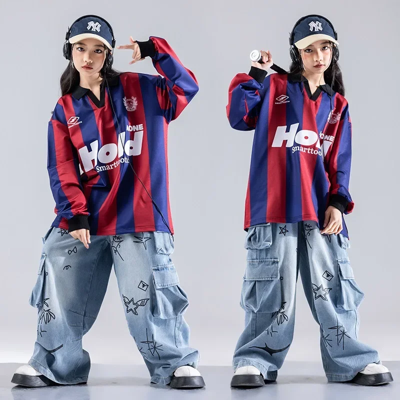 Jungen Hip Hop Streifen Sweatshirt Jogger Hosen Mädchen Lose Streetwear Kinder Kleidung Sets Kinder Jazz Street Dance K-pop Kostüme