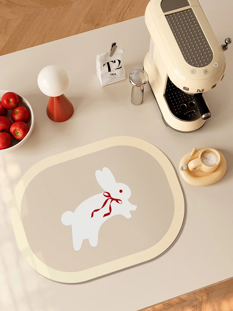 Quick Drying Water Absorbent Kitchen Drain Pad Cute Rabbit Leather Bar Drain Cup Holder Soft Diatom Mud Water Absorbent Mat