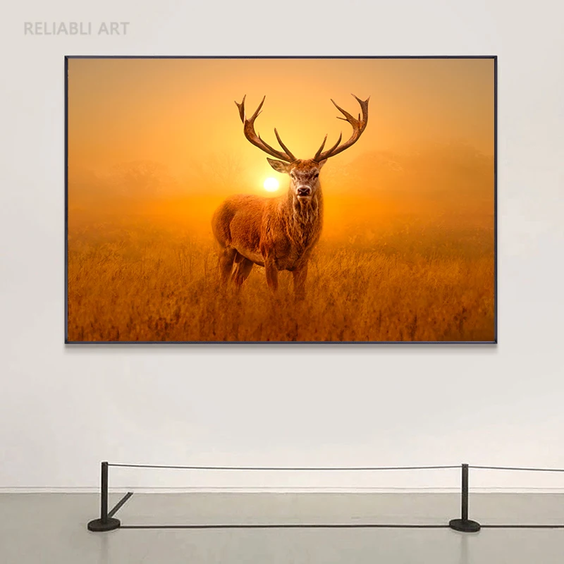 Mysterious Deer Sunshine Sunset Wall Pictures Canvas Painting Wall Art Animal Forset Posters Prints for Living Room Home Decor