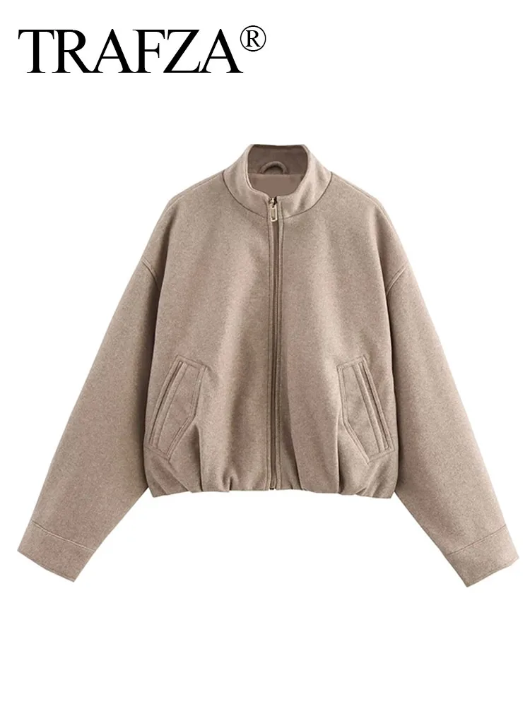 

TRAFZA Women Winter Streetwear Style Jackets Solid Stand Collar Long Sleeves Pockets Decorate Zipper Female New Fashion Coats