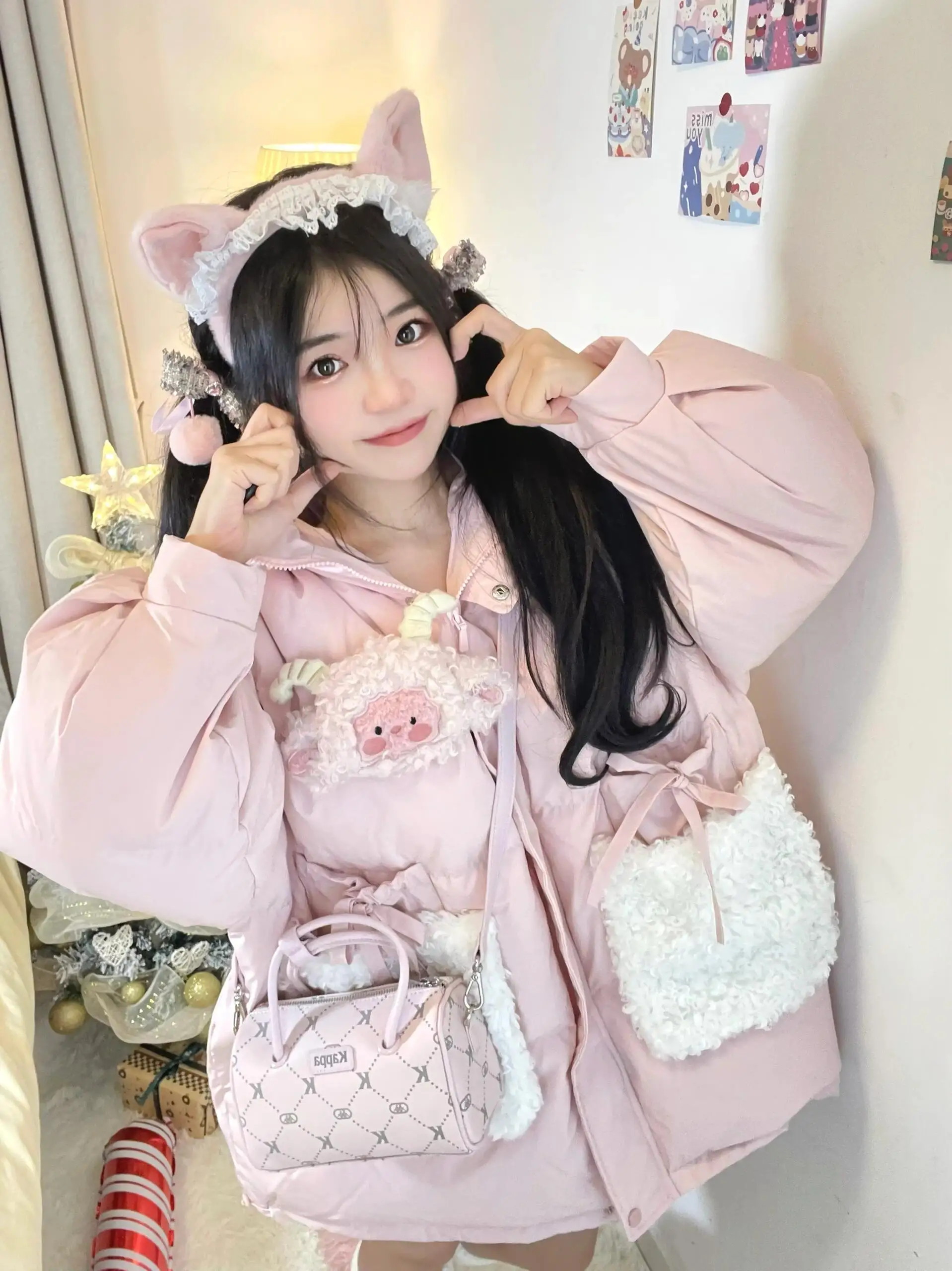 

Cute Pink down Jaet Women's Loose Fit Thiened Winter Coat Sweet Girl's Sle Detachable Hood White Du down Medium Length