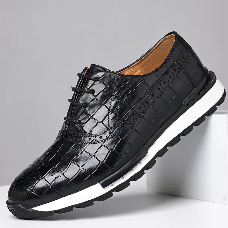 Men Shoes British Genuine Leather Shoes Comfortable Autumn Lace up Casual Shoes Crocodile Pattern Outdoor Men Sneakers