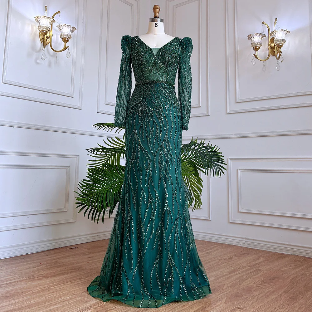 Luxury Mermaid Evening Dresses 2024 For Women Ceremony Dresses Muslim Emerald Green V Neck Long Sleeves Beaded Arabic