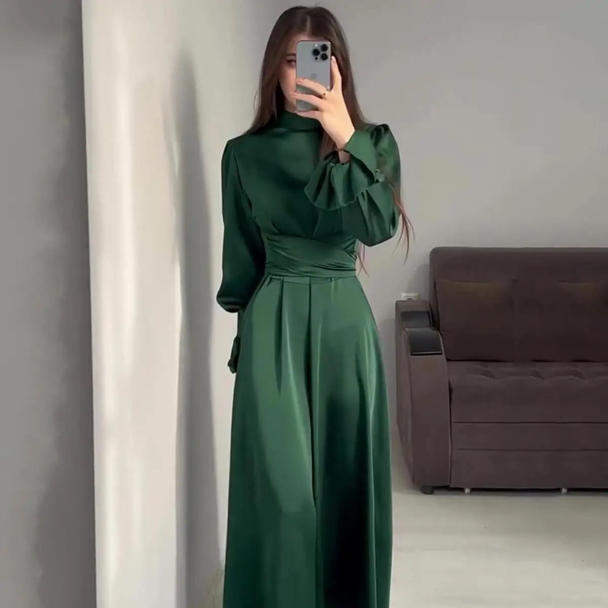 

Fairy Style Long Waist Cinched Dress Commute Style Bubble Sleeve mid Waist Long Dress Other 100% Material Other Skirt