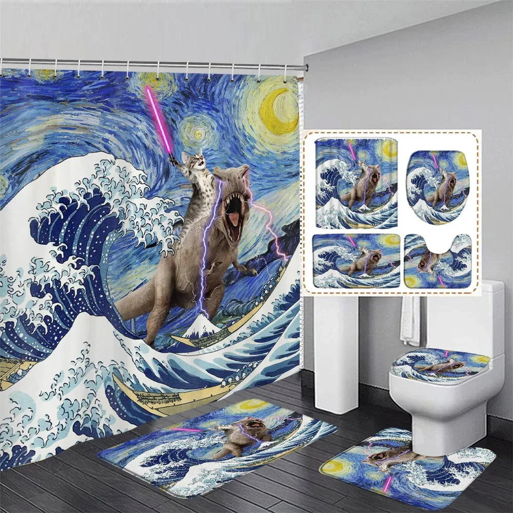 Funny Cat Riding Dinosaur Shower Curtain Set Cute Animal Sea Waves Starry Sky Creative Kids Bathroom Decor Bath Mat Toilet Cover