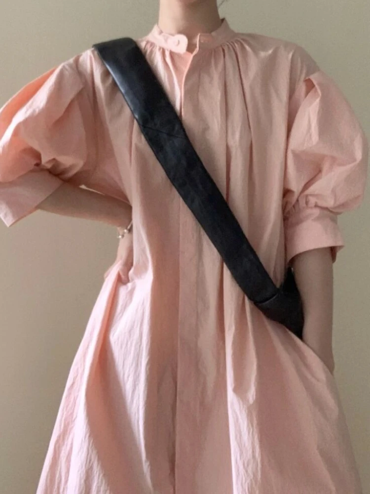 Spódnica koszulowa z krótkim rękawem dla kobiet 2023 lato nowy luźny krój francuska minimalistyczna sukienka długa spódnica