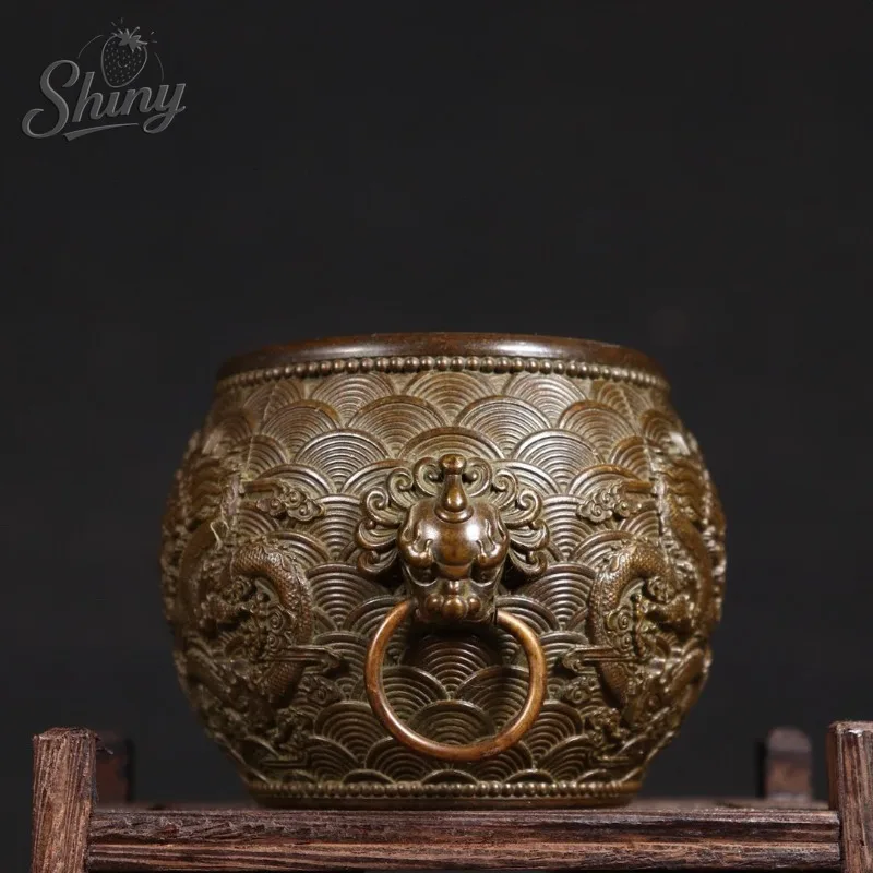 

Pure Copper Double Dragon Playing with Pearl Double Ring Lion Head Dragon Pattern Vase Home Desktop Ornament Collection