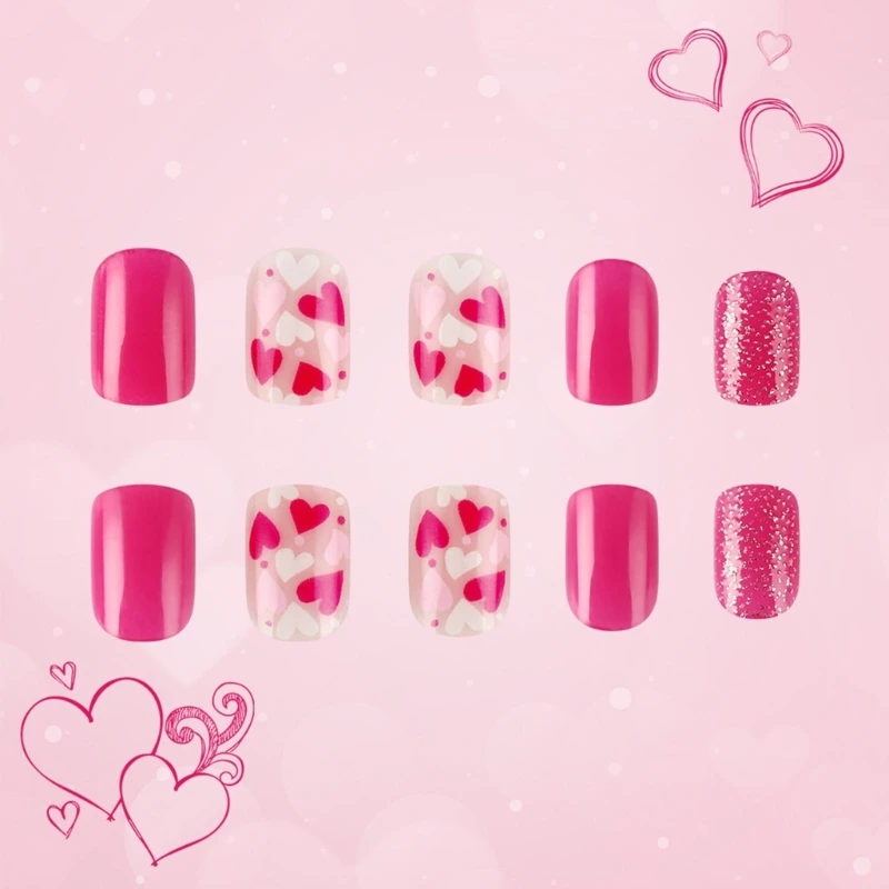 Press on Acrylic Short Square with Heart Designs Full Cover Golssy Finish for Valentine's Day Enhancing Look