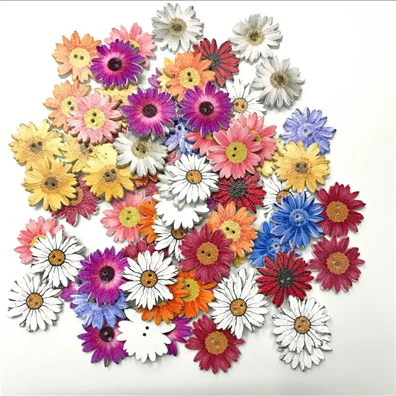 300PCS Sunflower Random Mixed Flower Painted Wooden Buttons Decorative Buttons for Sewing Scrapbooking Crafts 25mm