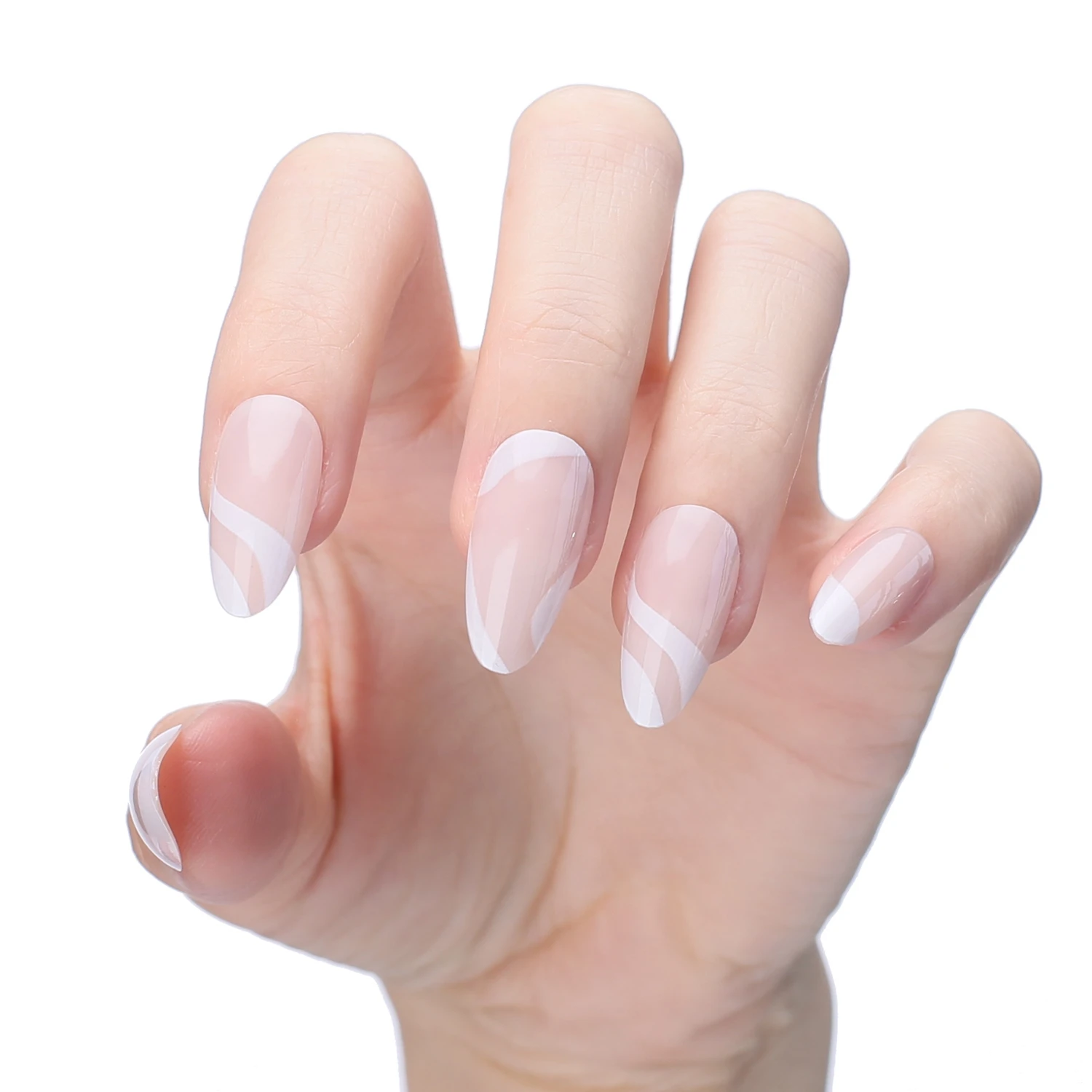 Geometric patterns White vortex round False nails Almond White Swirl French Faux Nails Nude Fake nails Tip Natural salon at home