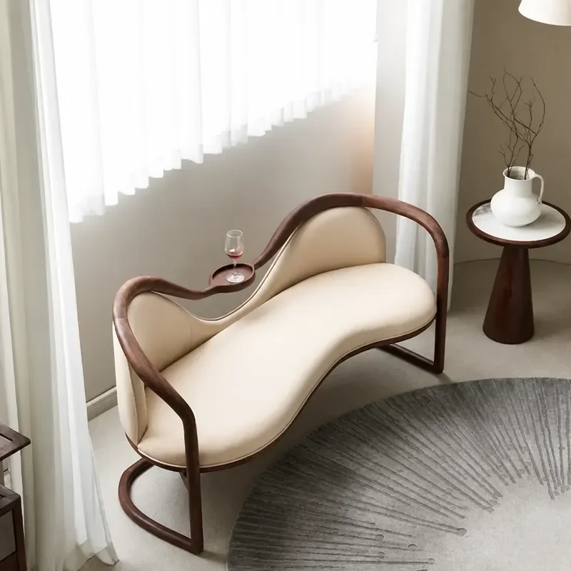 New Chinese Modern Simple Solid Wood Sofa Chair Double Curved Backrest Black Walnut Living Room Furniture