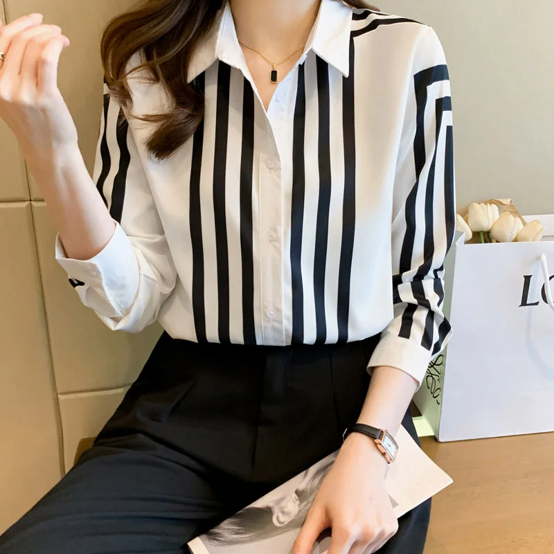 Women Black Striped Fashion Chiffon Shirt Elegant Casual Loose All-match Blouse Office Lady Simple Tops Button Vintage Shirts