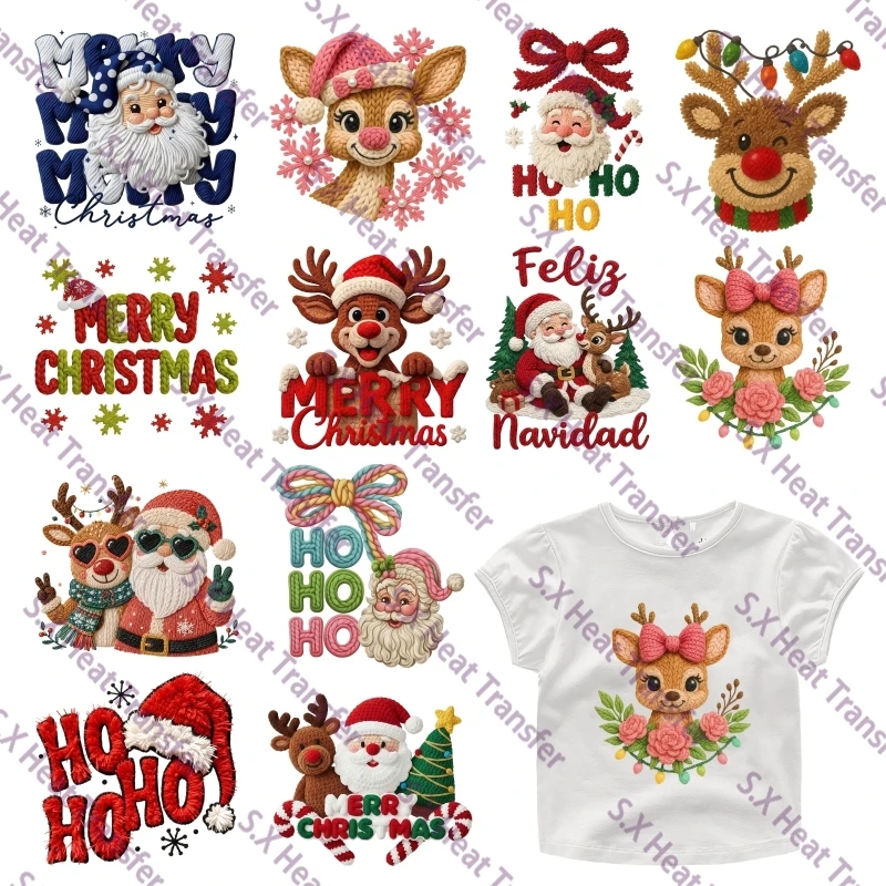 Faux Embroidery Effect DTF Heat Transfer Stickers Cute Santa Claus Reindeer Iron On Patches Merry Christmas Feliz Navidad DIY