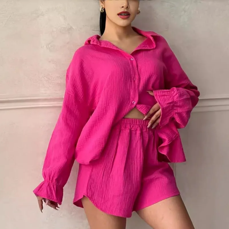 

Женские топы Fairy на весну и осень, костюм-рубашка, шорты с длинными рукавами, с лацканами и высокой талией, однотонные, повседневные, простые, модные, универсальные, мягкие