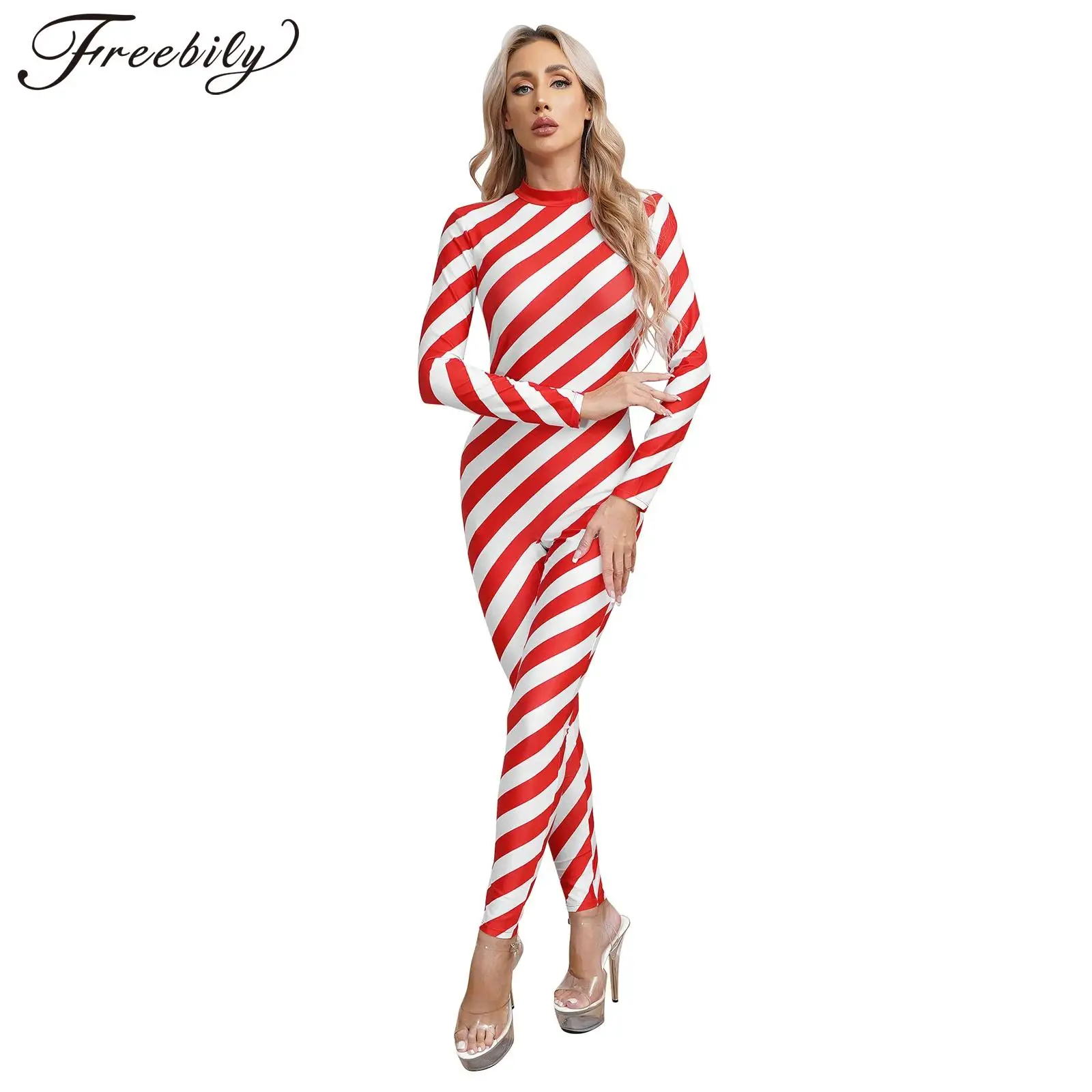 Women Long Sleeve Christmas Candy Cane Bodysuit Halloween Carnival Circus Cosplay Costume Ballet Dance Gymnastics Leotard