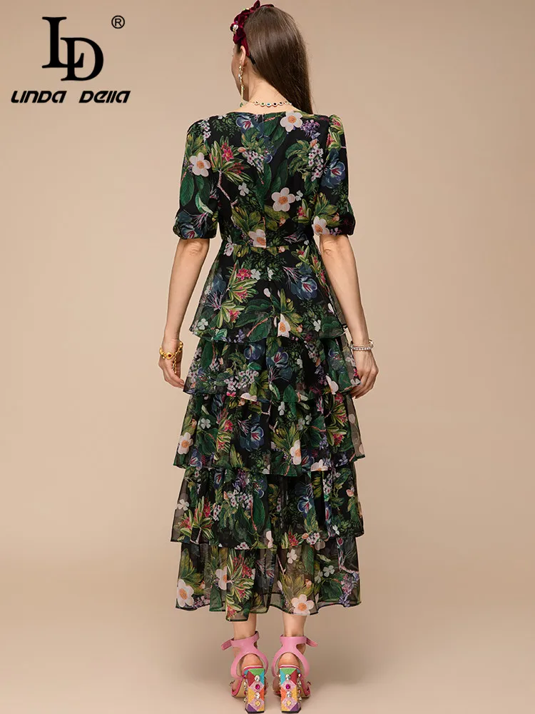 Imagem -06 - Linda Della Novo 2023 Verão Moda Feminina Vintage Gola Quadrada Vestido Longo Cintura Alta Floral Impressão em Cascata Plissado Vestido ld