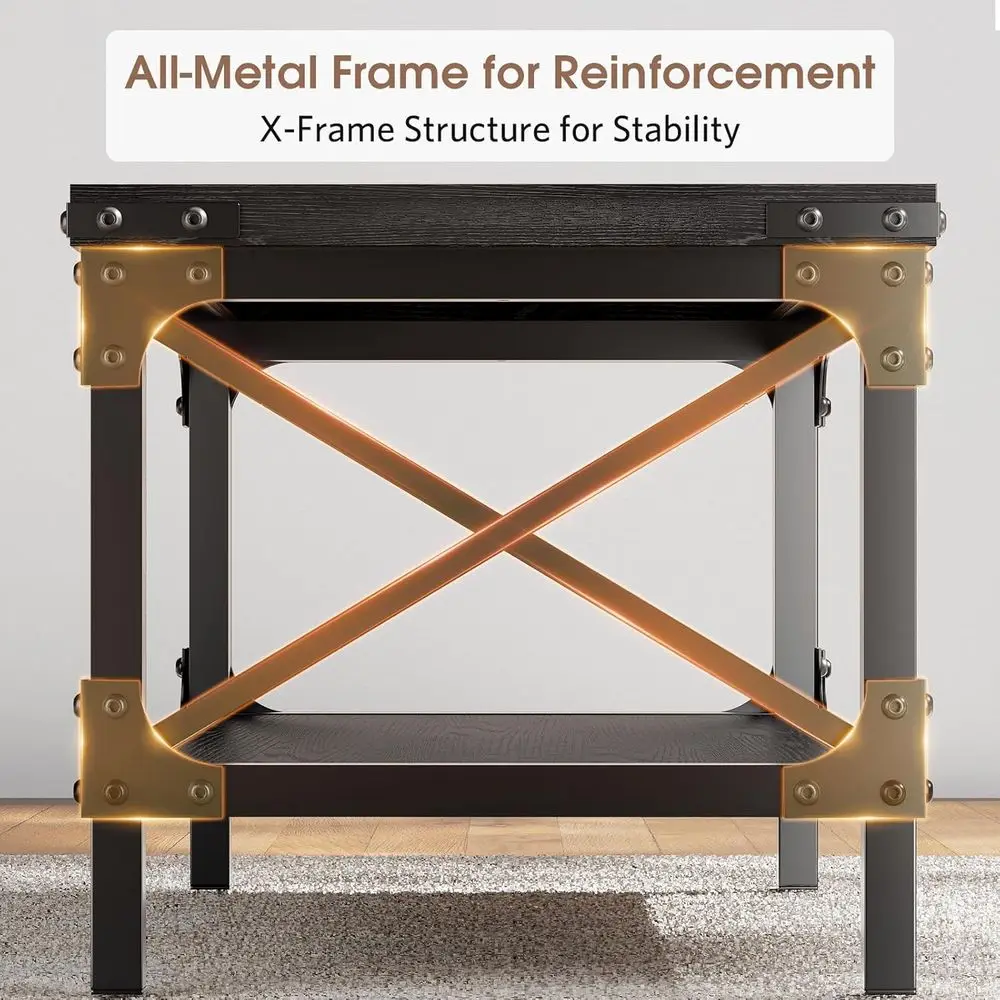 Industrial Modern 2-Tier Wood Coffee Table with Metal Frame, 40 Long, Thick Tabletop, Black