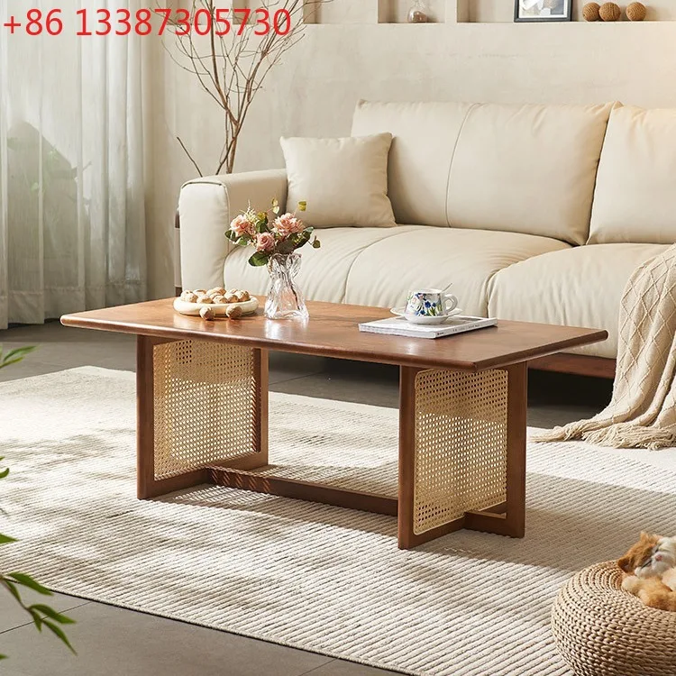 

Japanese solid wood tea table rectangular small home coffee table living room rattan vintage low table