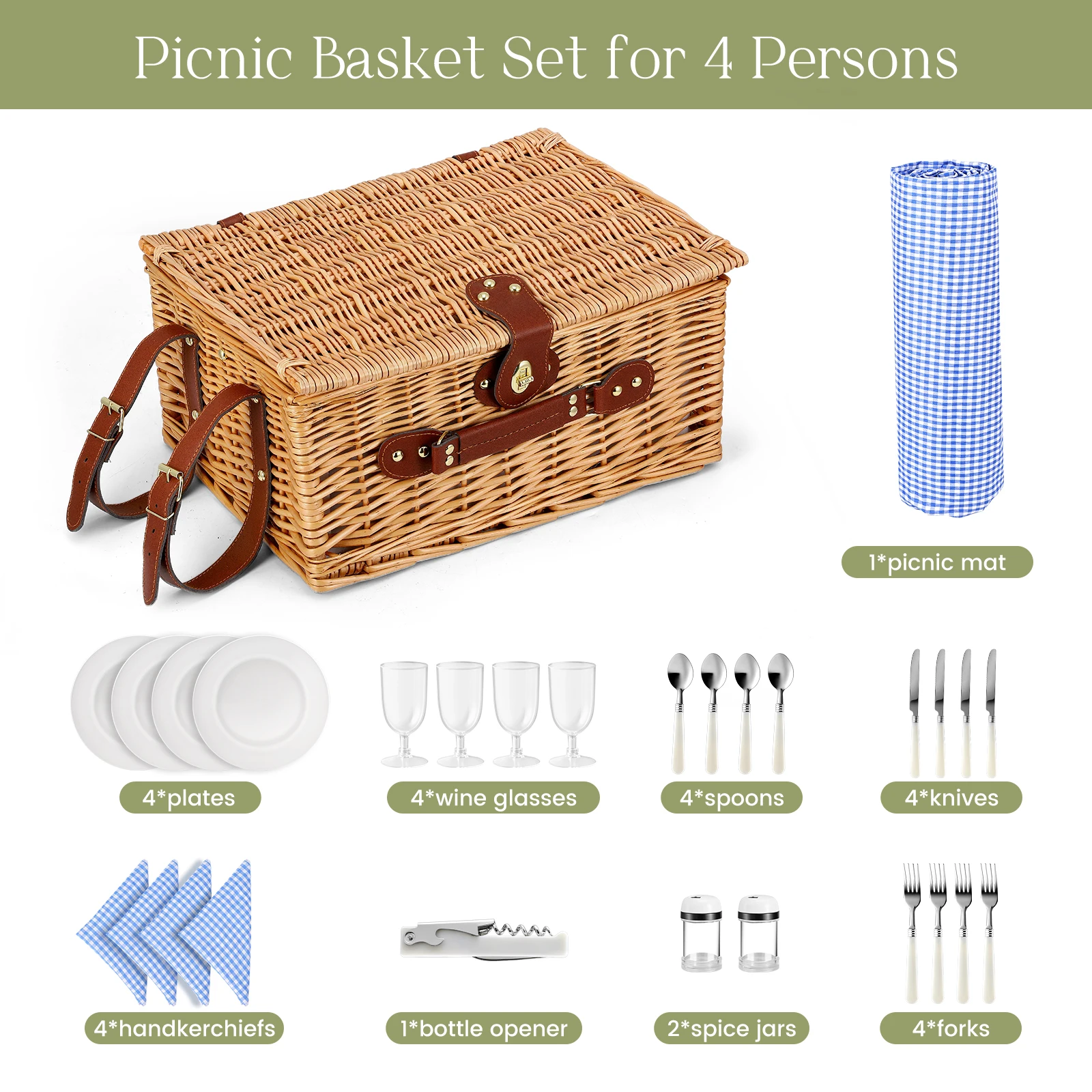 Picknickkorb, Weiden-Picknickkorb für 4 Personen, Wasserdichte Picknickdecke und Utensilien, Picknickkorb mit Campingkühlschrank