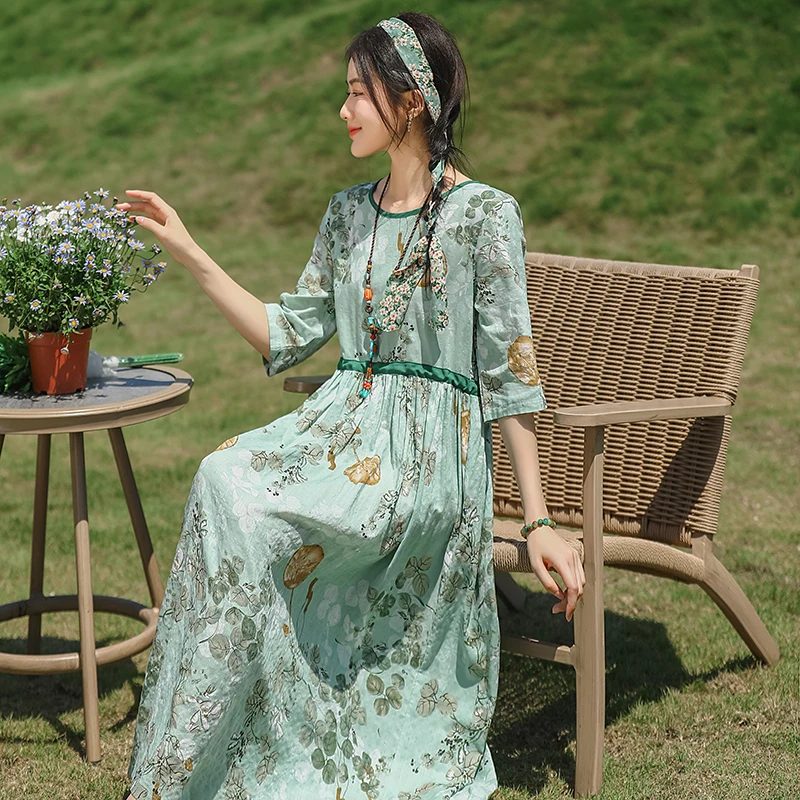 Retro Cotton Linen Floral Print Drawstring Waist Midi Sleeve round Neck Long Dress Spring Summer New Style Loose Fit H Type