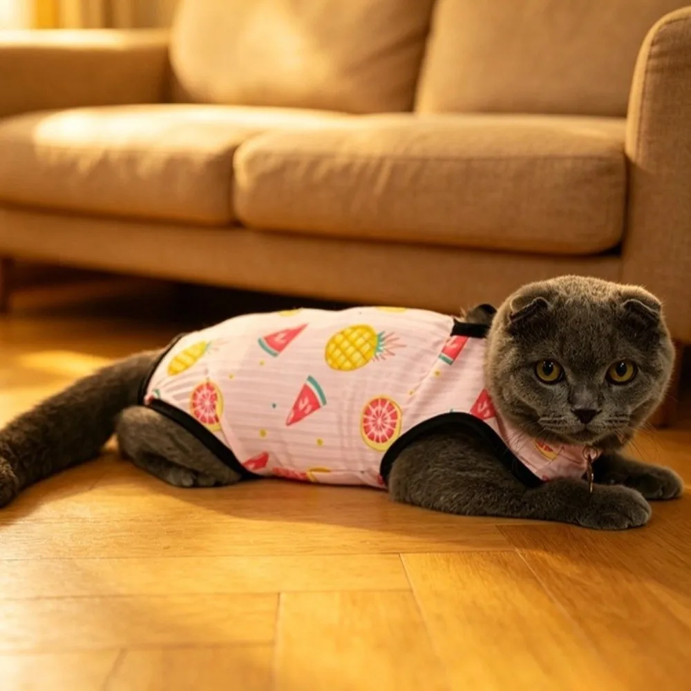 Adjustable Pet Recovery Suit Breathable High Elastic Cat Sterilization Clothes Soft Cotton Cartoon Pattern Anti-Licking Clothing
