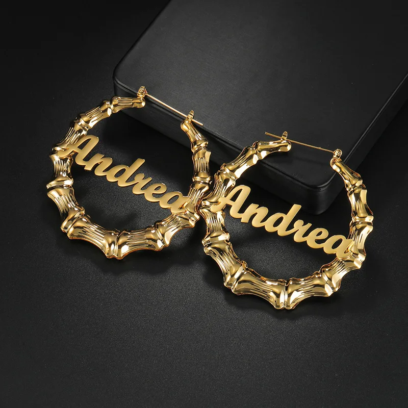 Auxauxme Custom 50mm 70mm Bamboo Hoop Earring For Women Stainless Steel Personalized Letters Bamboo Style Irregular Earring Gift