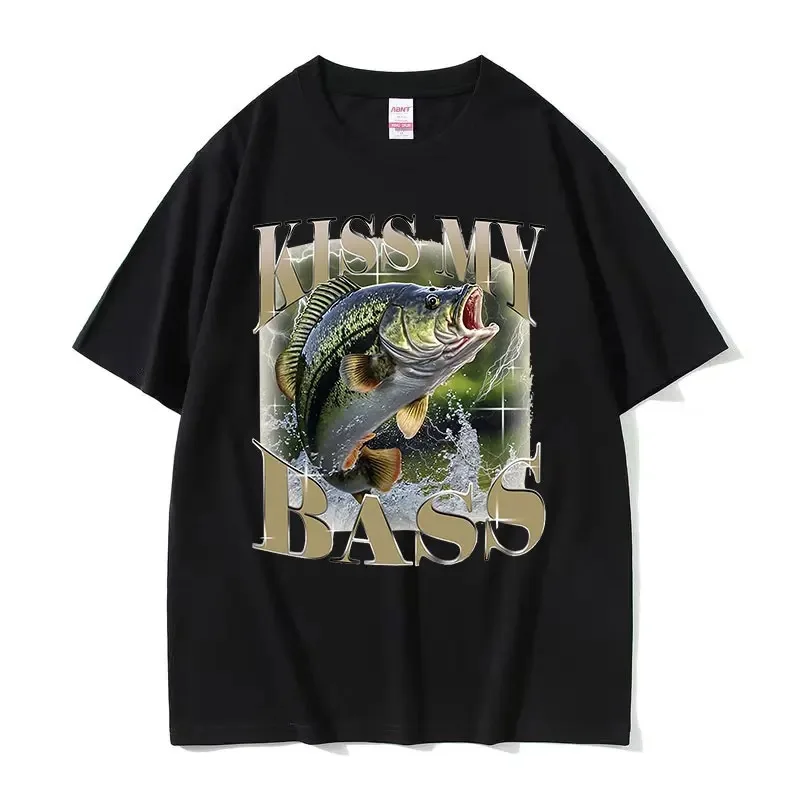 Kiss My Bass Fish Funny Meme T Shirt Retro Fishing Men Gift Retro Cotton T-shirt Unisex Tops Fashion Casual High Quality T-shirt