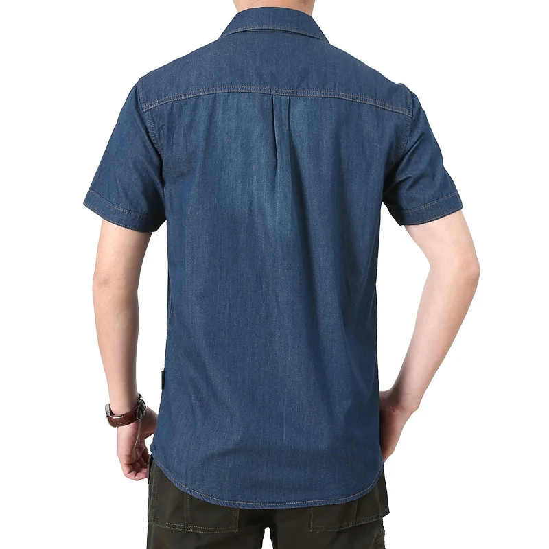 New Summer Men Short Sleeved Denim Shirts High Quality Male Cotton Casual Jeans Shirts Man Fashion Multi pockets Cargo Shirts 4X