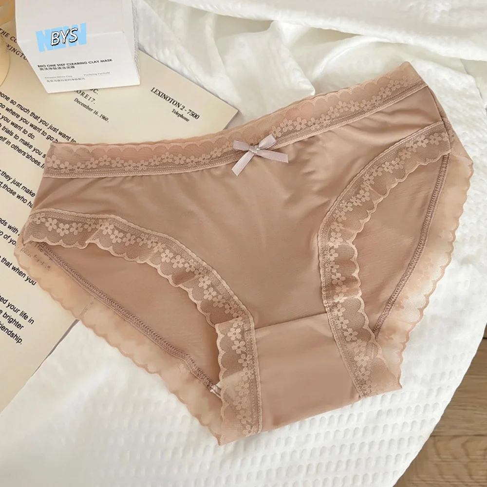 

Seamless Ice Silk Panties Cotton Crotch Underpants Lace Bow Briefs Female Lingerie Underwear Women's Summer Panties Lady