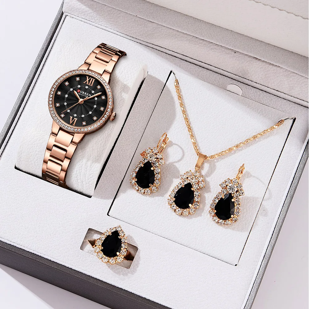 Curren-Relógios de pulso luxuosos para mulheres, pulseira de aço inoxidável, strass bling, relógio Dail elegante para senhoras, conjunto de joias