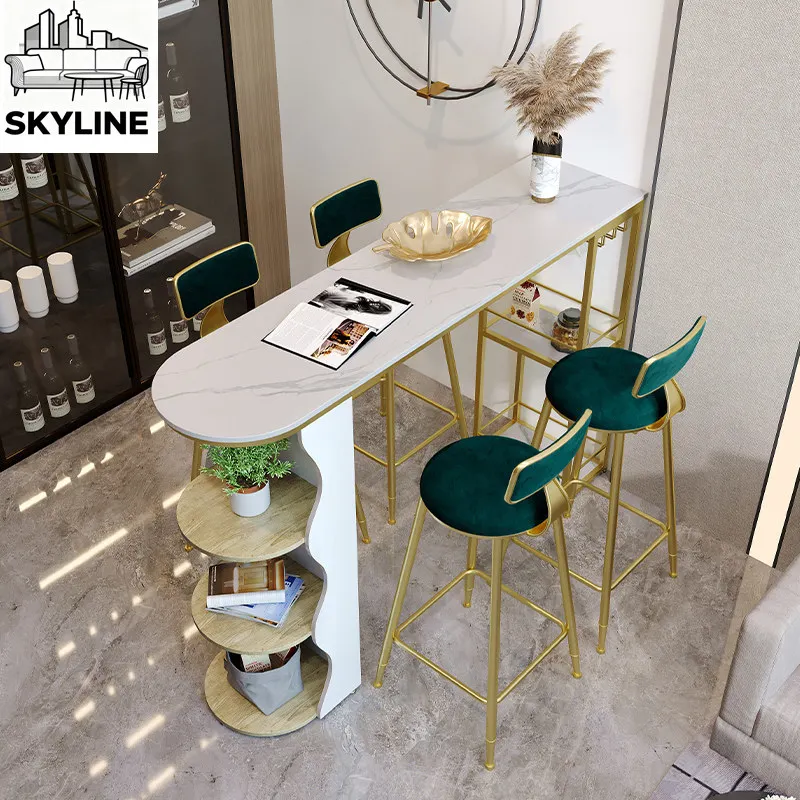

Light luxury wrought iron rock slab bar counter multi-functional dining table living room bar table high table and chairs