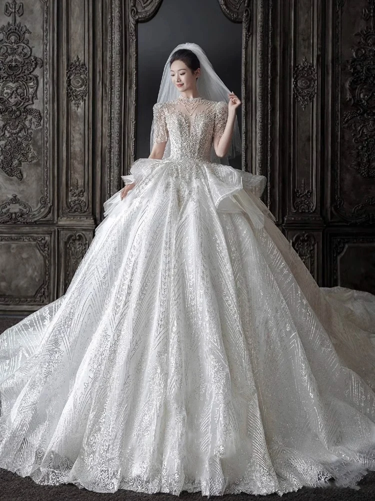 Ele Wedding Dr 2025 New Heavy Embroidery Luxury Long Train Court Sle for Bride Women Lace Svel Deep V Ne