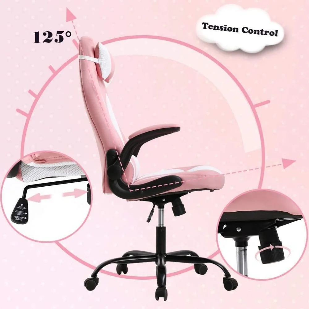 Pink Office Chair, Ergonomic High Back Computer Chair, Rotating Office Chair with Lumbar Support and Foldable Armrests