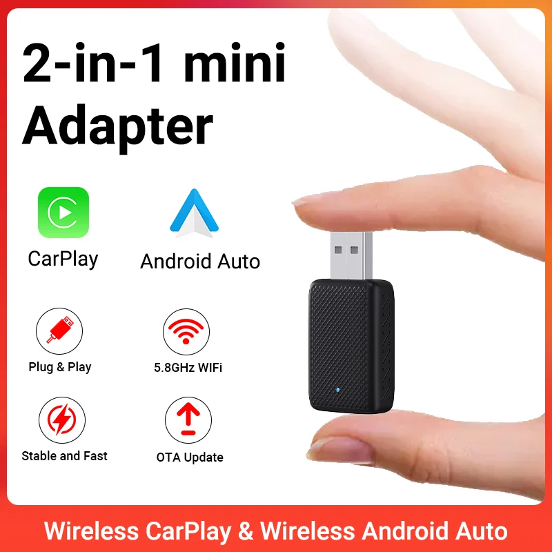 2026年最新版 有線CarPlayとワイヤレスCarPlay、Android Auto対応 2in1ミニアダプター 5GHz WiFi5 99%の純正有線CarPlay/Android Auto搭載車に対応