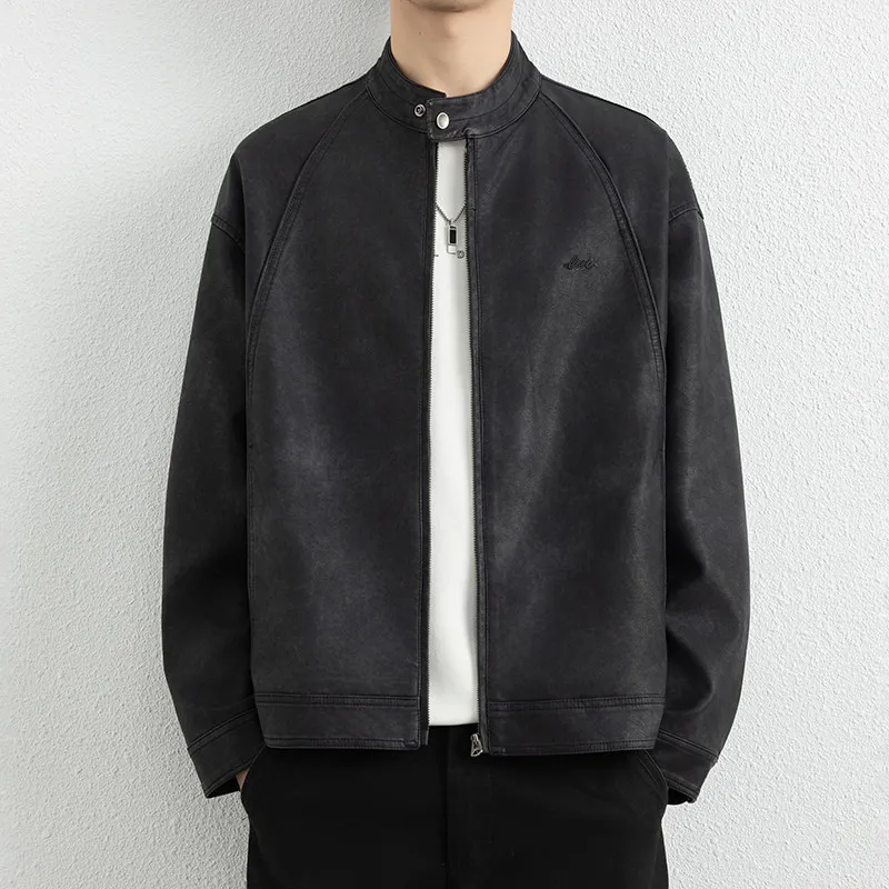 

Faionable Embroidered PU Leather Jaet Men's Youth Casual Trendy Outerwear Top Long Sve Baseball Collar Regular Length