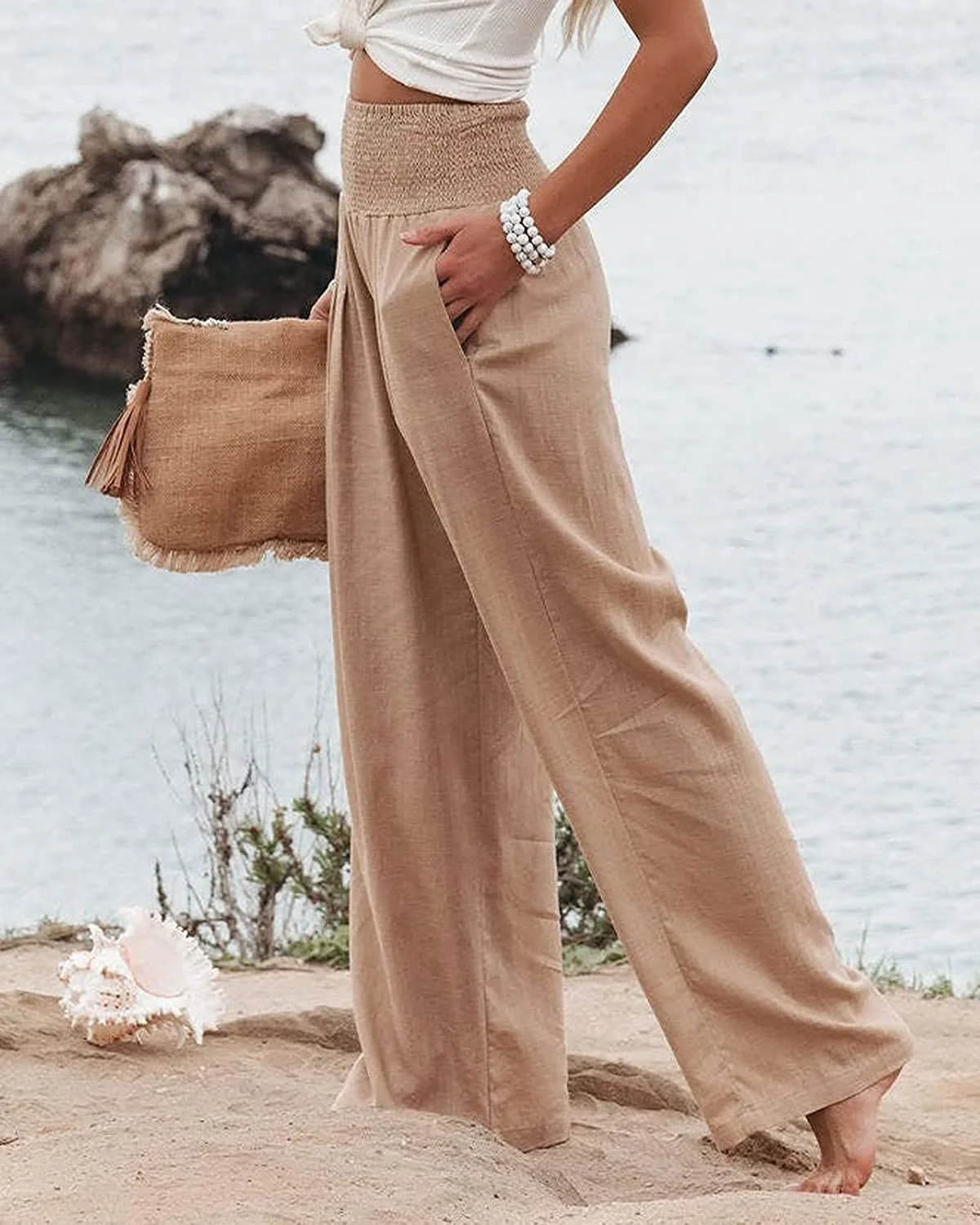 Spring and summer hot selling women\'s clothing new cotton and linen woven wide-leg casual pants beach wide-leg pants for wom