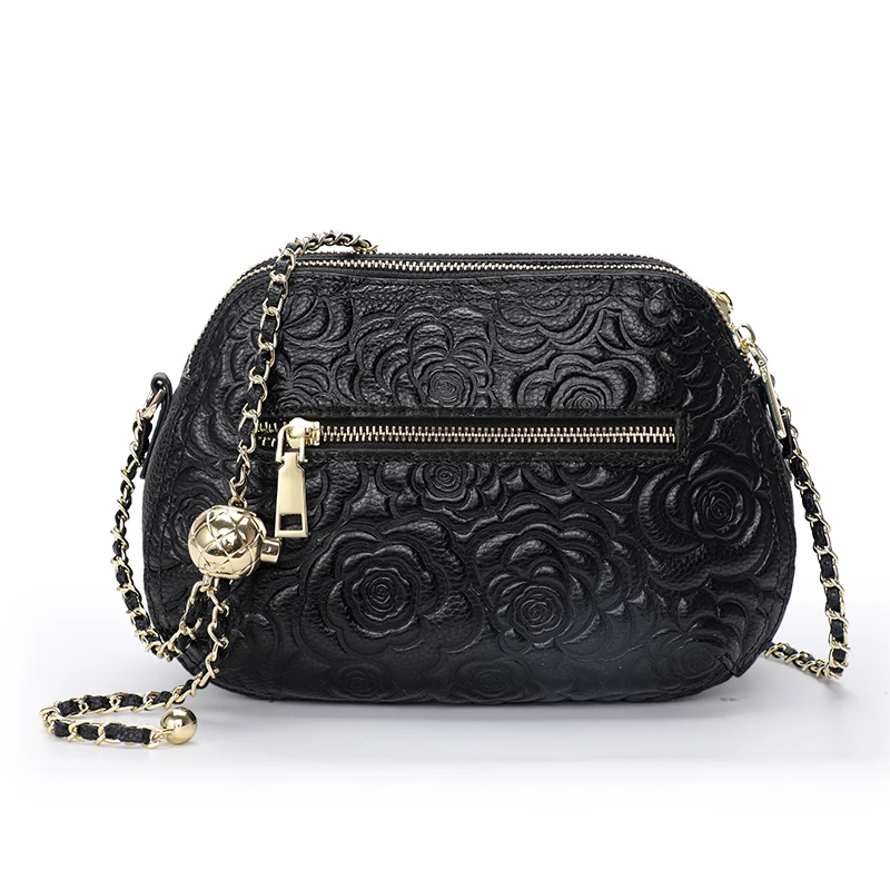 Aidrani  Fashionable flower design women's shoulder crossbody bag, high-quality cowhide black chain bag