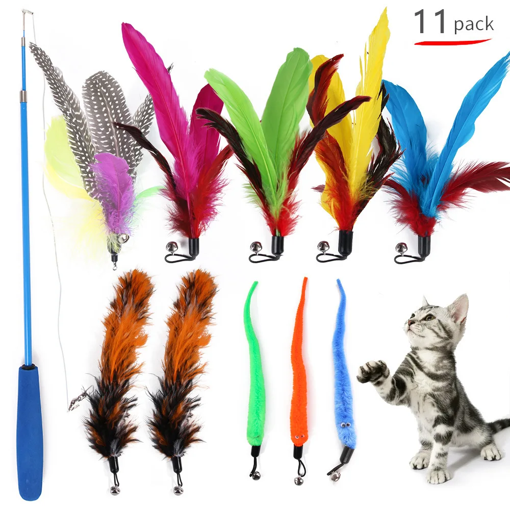 11-teiliges Ersatz-Spielzeugset mit Katzenfedern, Feder-Ersatzkopf, einziehbarer Katzenstäbchen, Katzenprodukte