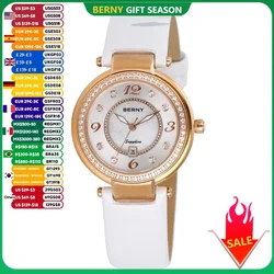 BERNY Women's Watches Calendar Sapphire Luxury Diamond inlaid Clock Quartz Watch for Women Red Leather Ladies Wristwatch