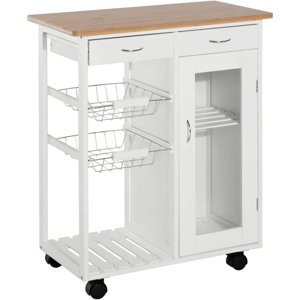 

Rolling Kitchen Island with Storage, Kitchen Cart with Solid Bamboo Top, Wire Basket,Door Cabinet and Drawers