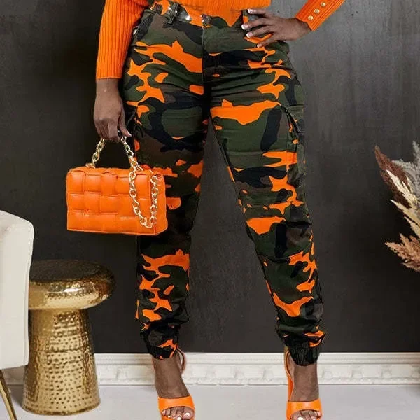 Women Cargo Pant Long Pants Slim Fit Sexy Print Camouflage Tight Waist Sheath Casual Regular Pockets Splice Trousers Summer