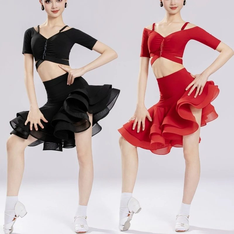 

Summer Latin Dance Skirt Set for Girls ChaCha Performance Short Sleeve Dress Children Professional Competition Training Clothing