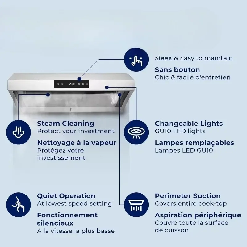 HOME. Chef Series Range Hood 30"PRO PERFORMANCEStainless Steel Slim Under Cabinet Range Hood Design Steam Auto Clean-PS38