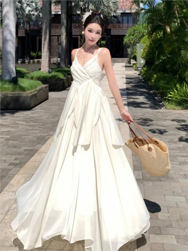 

Summer Elegant V-neckBackless Strap Dress Women Casual Birthday Evening Party Princess Dress Holiday Vacation Beach Outfit