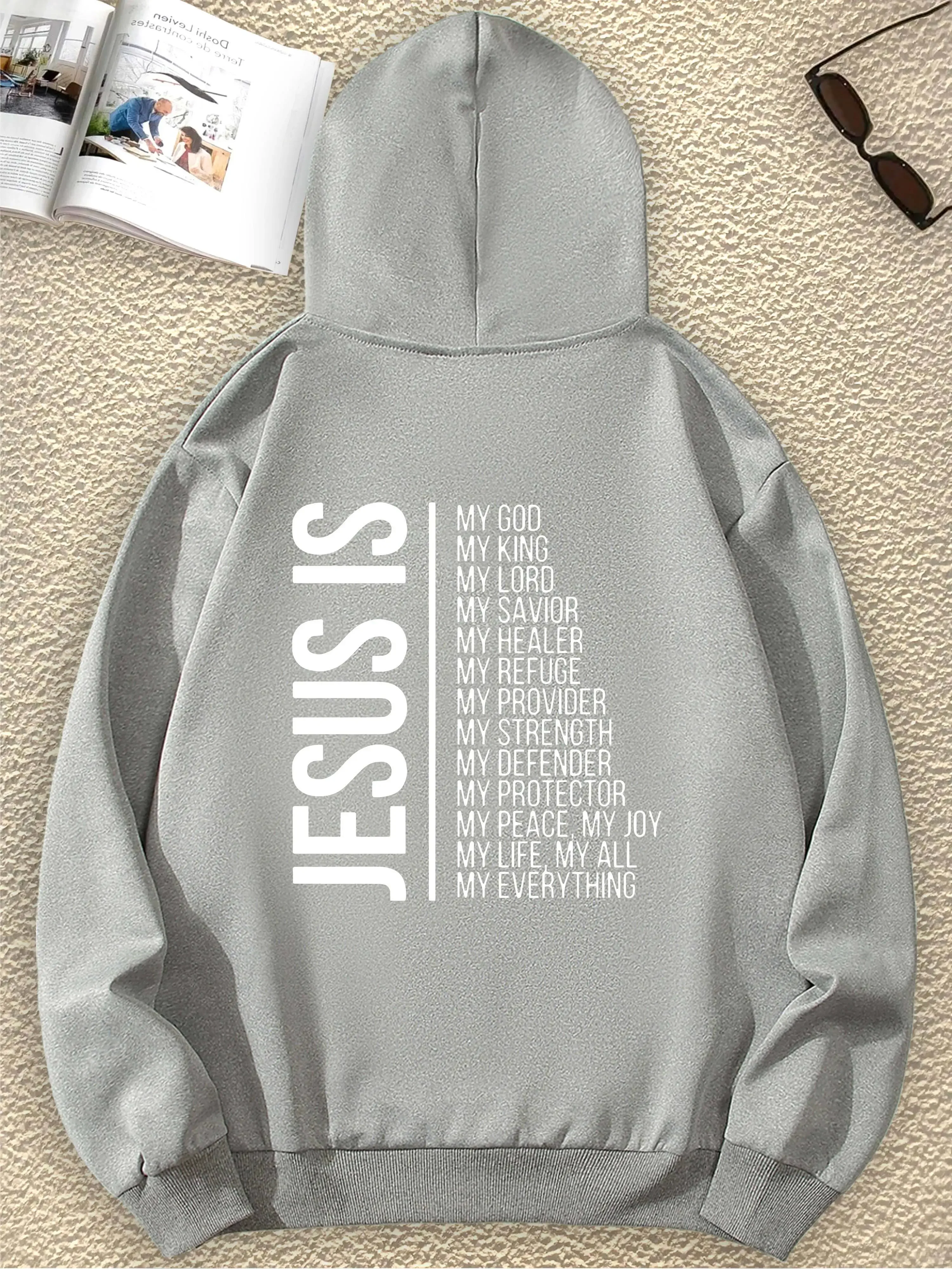 JESUS moda interesante letra estampado gráfico cuello redondo manga larga bolsillo sudadera estampado pulóver Sudadera con capucha para mujer Casual