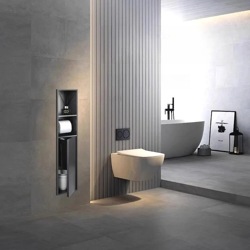 فرشاة تواليت من الفولاذ المقاوم للصدأ 304، مساحة تخزين مدمجة في الحمام مع باب، حامل ورق تواليت مخفي