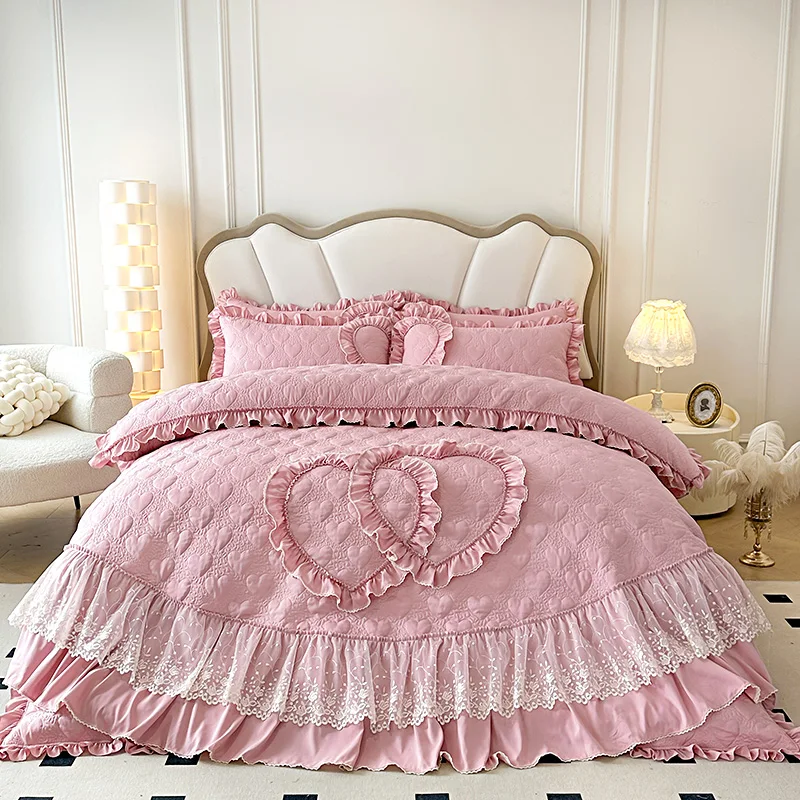 Pink White Korean Princess Style Bedding Set 200x230cm/220x240cm Lace Ruffles Love Quilted Duvet Cover Set Bed Sheet Pillowcases