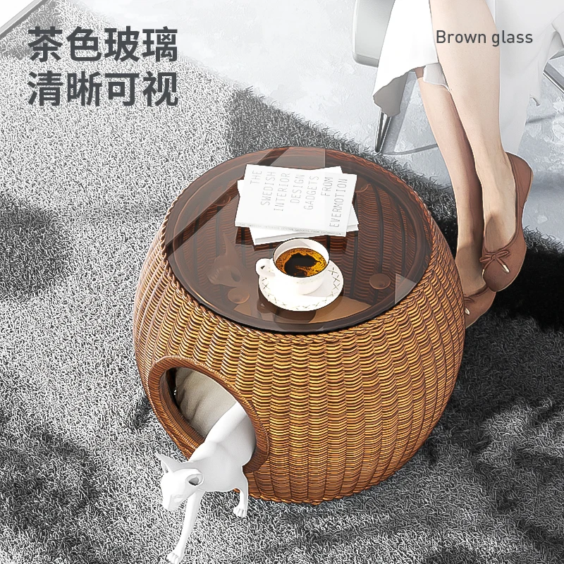 Rattan Coffee Table Tea Table Round Cat Nest Simple Modern Small Round Table European Low Table Small Coffee Table with Sofa