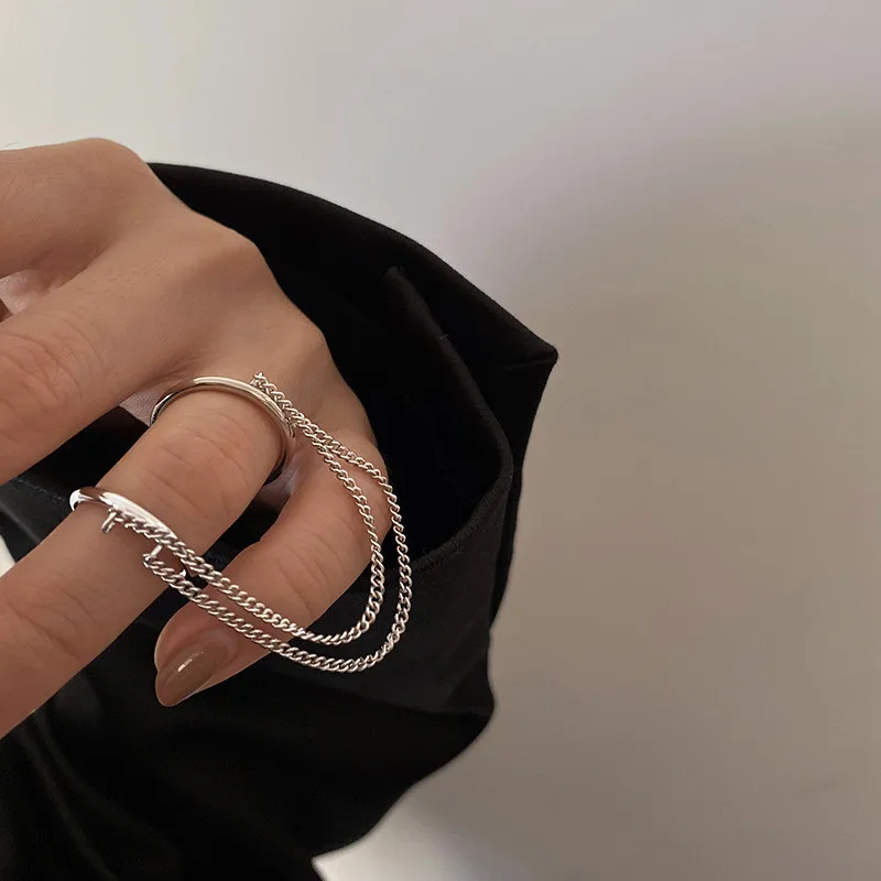 Korean Fashion Personality Adjustable Finger Rings for Women Men Punk Cool Trend Double Chain Double Ring Jewelry Anillos Mujer